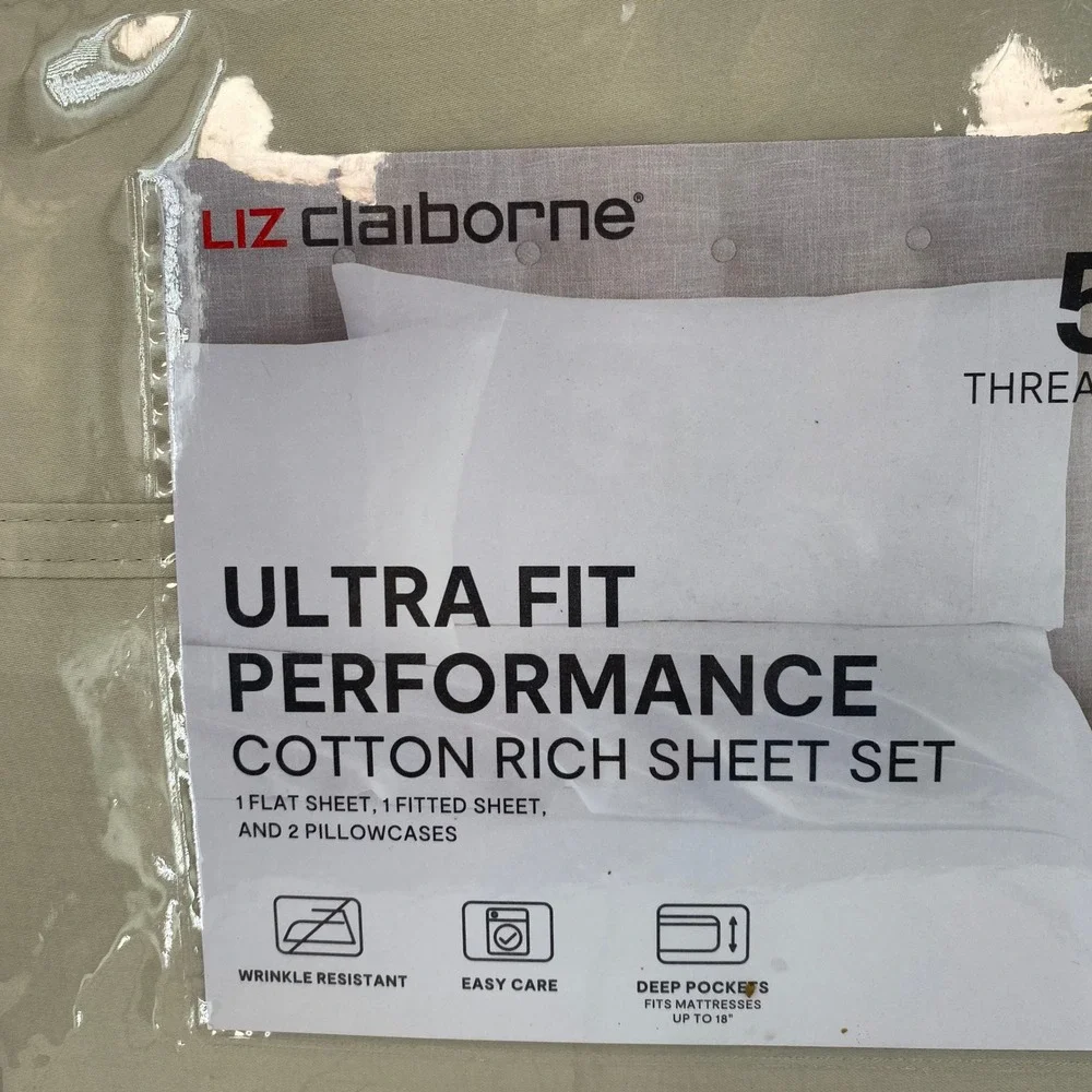 Liz Claiborne Sheet Set King Classic Stone Beige 575TC Ultra Fit Performance